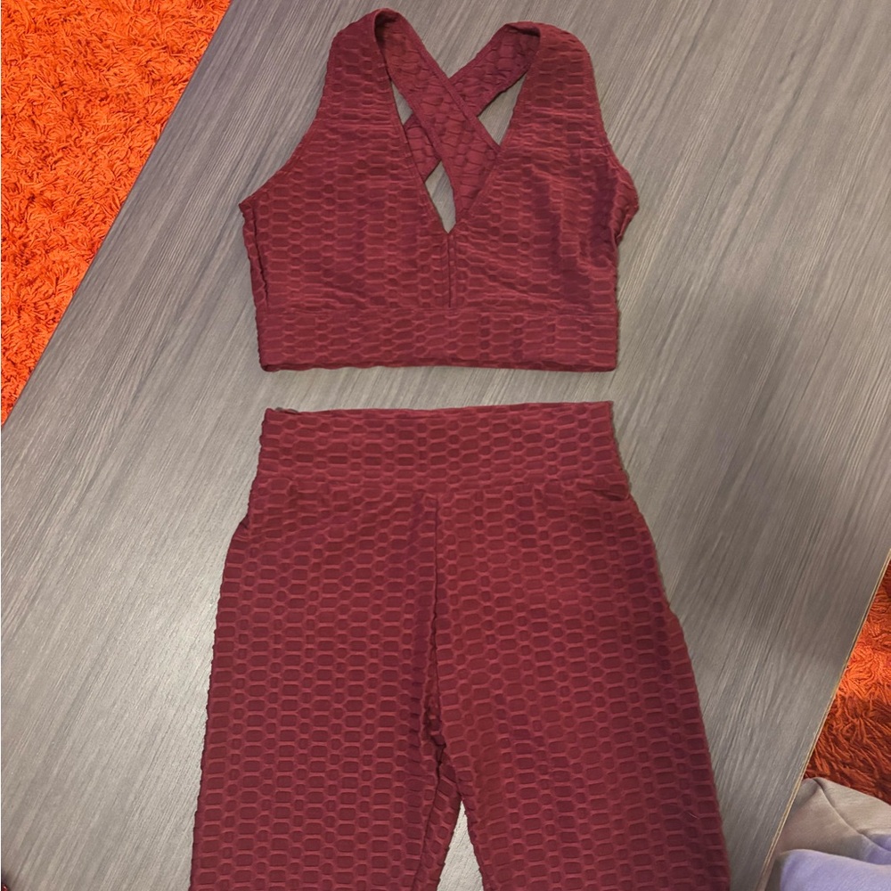 Fashion Nova Scrunch Butt Burgundy Textured Activewear Set